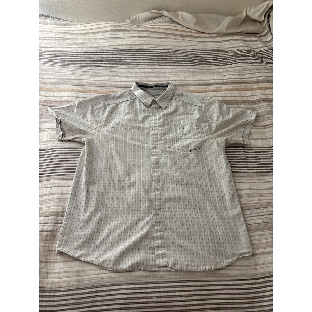 PRANA VTG White Short Sleeve Aloha Beach Camping Btn SHIRT Men's L